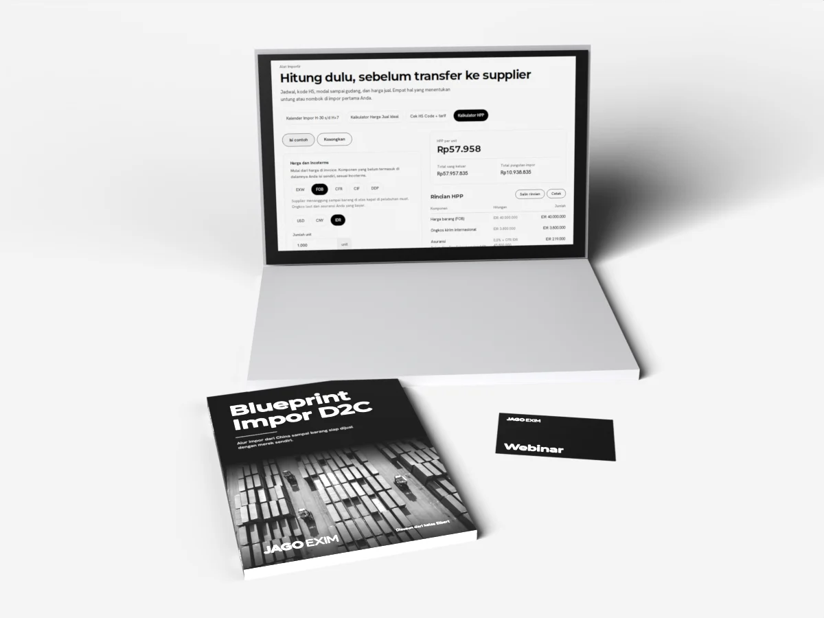 E-book, tiket webinar, dan Kalkulator HPP di laptop
